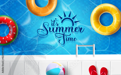 It's summer time vector design. It's summer time text with tropical fruit floaters, beach ball and flip flop on swimming pool background for summer travel vacation. Vector illustration

