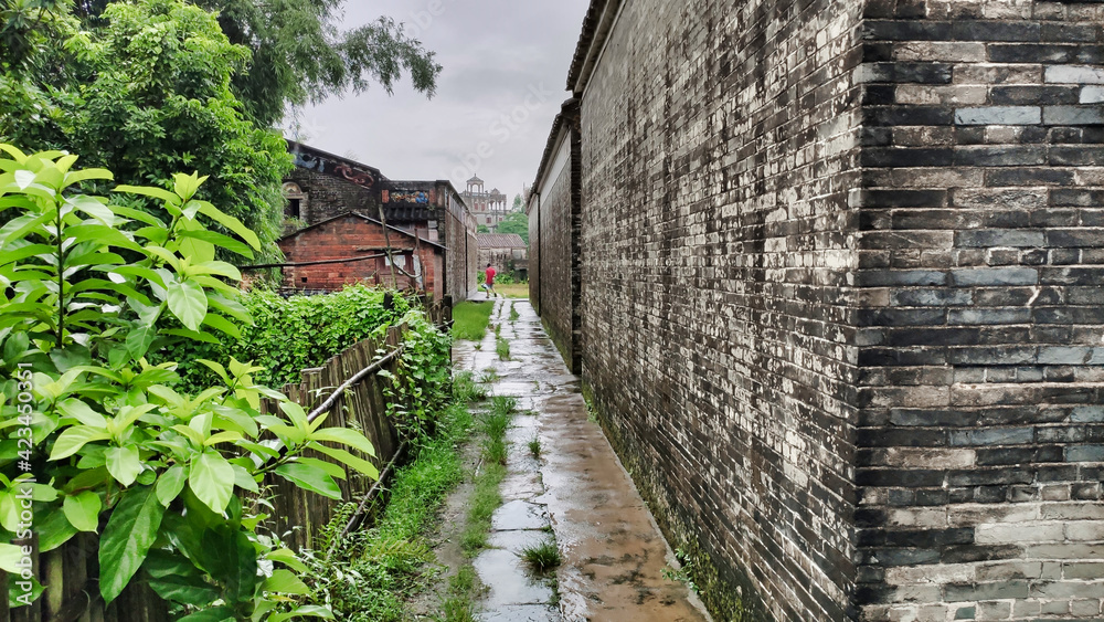 Narrow street between old concrete houses in the village. Rainy weather. Kaiping diaolou and villages. China. Asia Narrow street between old concrete houses in the village. Rainy weather. Kaiping diaolou and villages. China. Asia
