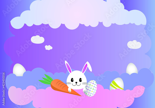 Happy Easter paper cut, a bunny in the clouds. Collage of Happy Easter greetings. Easter bunny in the clouds with carrots and eggs