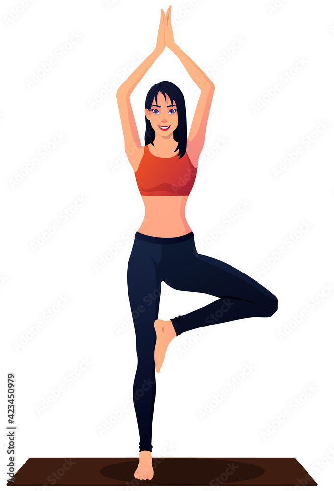 Beautiful Caucasian Smiling Woman in yoga Tree pose wearing black sports pants Vector Illustration Beautiful Caucasian Smiling Woman in yoga Tree pose wearing black sports pants Vector Illustration