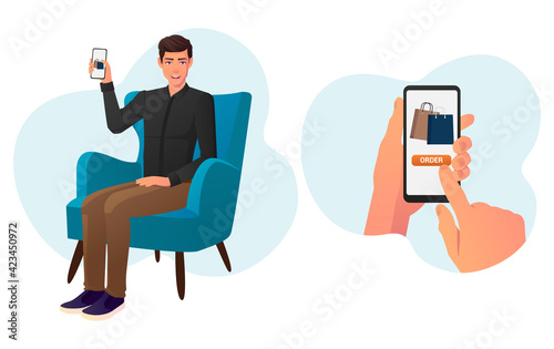 Man ordering Online Using Mobile Phone And Internet. Buy online From Home Concept Vector illustration.