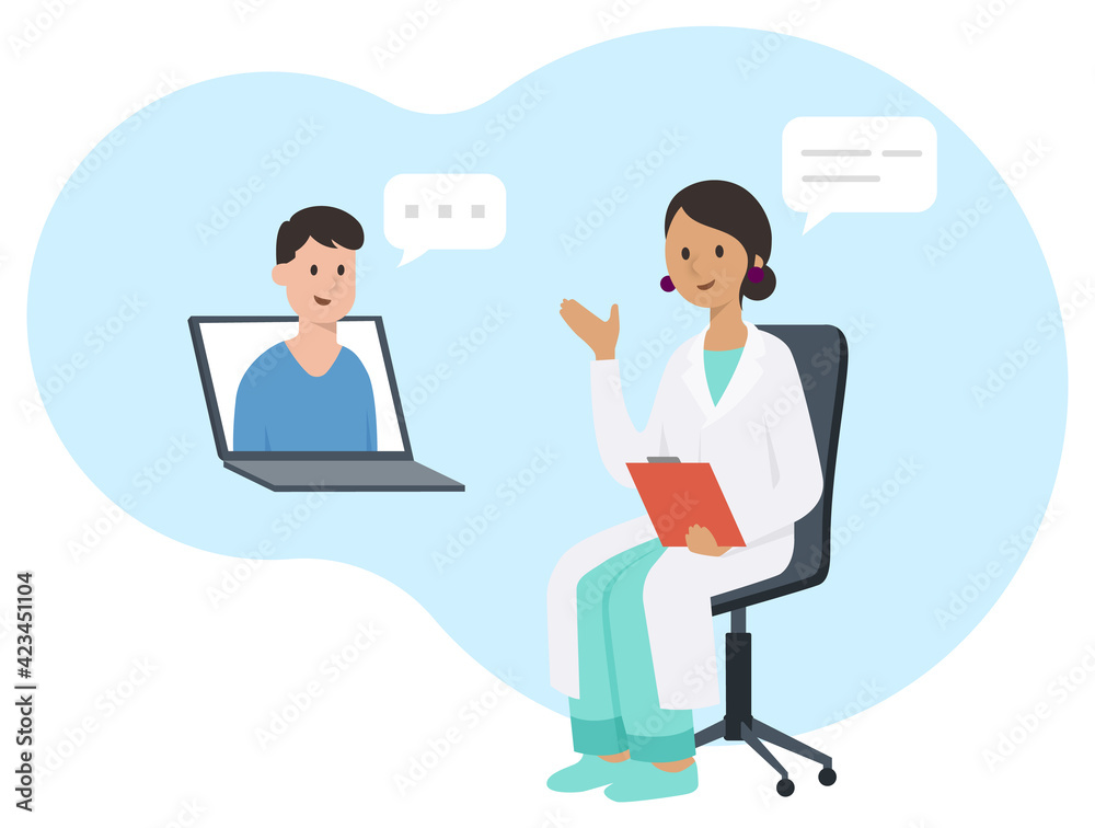 Doctor Consulting Patient using Internet And Laptop. Online Medical Examination Concept vector illustration. Doctor Consulting Patient using Internet And Laptop. Online Medical Examination Concept vector illustration.