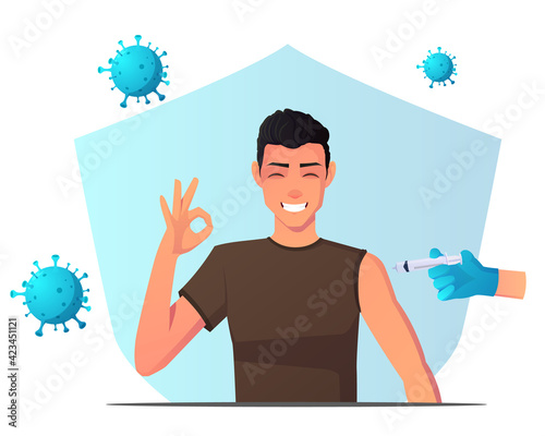 Man Receiving Vaccine And Developing Immunity And Protected From Virus, with an okay hand sign. Premium Vector.