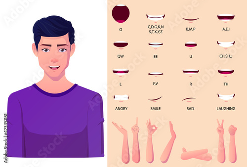 White Man Mouth Animation Pack with Lip Syncing Set. Man in Black Suit Coat For Presentations With Hifrent Hand Gestures Flat Vector Illustration.