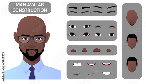 Black Man Face Construction And Character Creation Pack with Hair, Eyes, Lips, and Head Parts for Avatar Creation Premium Vector Isolated On White Background.