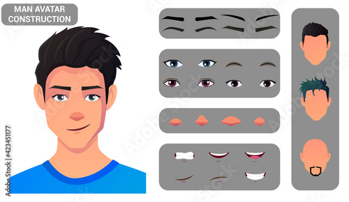 Caucasian Man Face Construction And Character Creation Set. Hair, Eyes, Lips, and Head Pack for Avatar Creation Vector file.