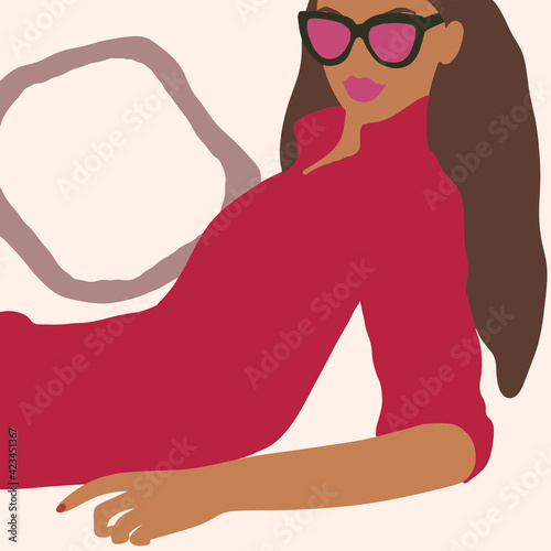 Fashionable woman with pink sunglasses, isolated concept with hand drawing elements, concept for business cards, banners, cards, logo. Student, businesswoman in fashionable modern casual clothes.