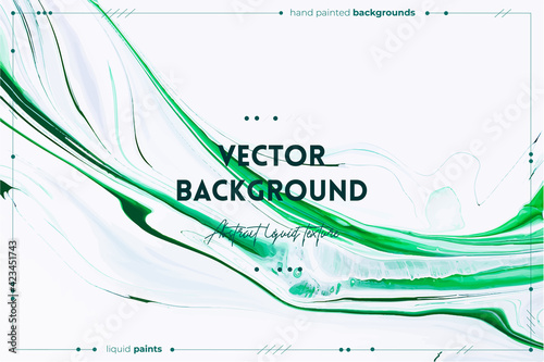 Fluid art texture. Backdrop with abstract swirling paint effect. Liquid acrylic picture with chaotic mixed paints. Can be used for posters or wallpapers. Green and white overflowing colors.