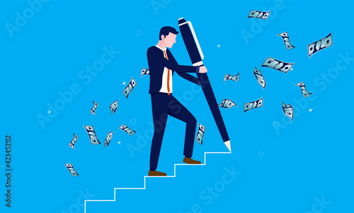 Self made success - Entrepreneur businessman drawing his own steps to success. Building wealth and independence concept, vector illustration.