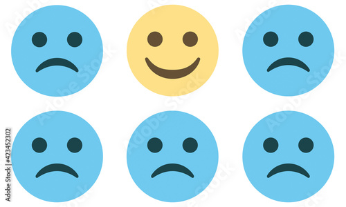 emoji concept pattern with blue frowning faces and yellow smiling face on white background,vector illustration