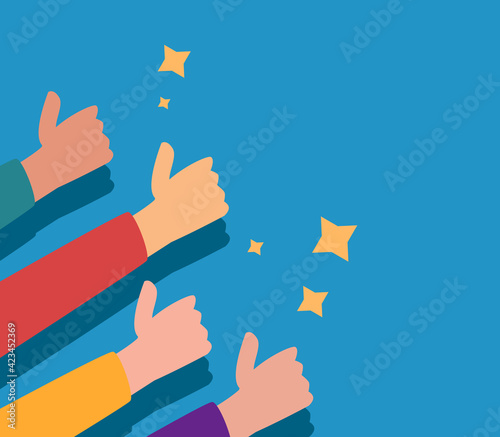 Many people show show a thumb up. Vector illustration of hands showing positive mood