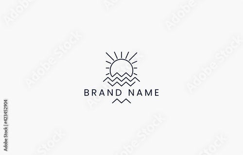 Vintage Vector of Sea and Sun Logo Line Art Design Template