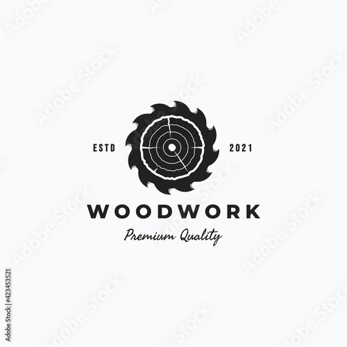 Carpentry vintage saw blade and tree rings vector illustration logo design. Simple woodworking saw blade and wood logo concept.