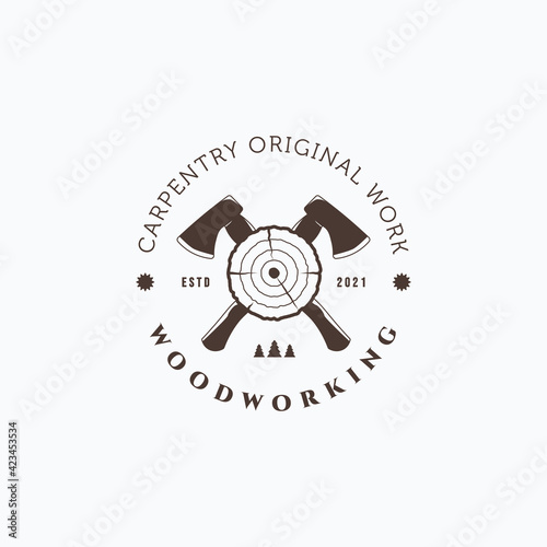 Lumberjack simple axe and tree rings vector illustration design. Vintage carpentry logo design.