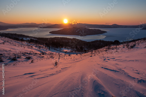 冬の美幌町 美幌峠の日の出の風景