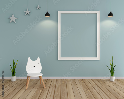 Cute chair in living room with frame for mockup, 3D rendering