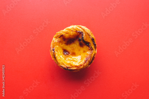 top view of typical Portuguese dessert pastry Pastel de Nata - Portuguese egg custard tart

