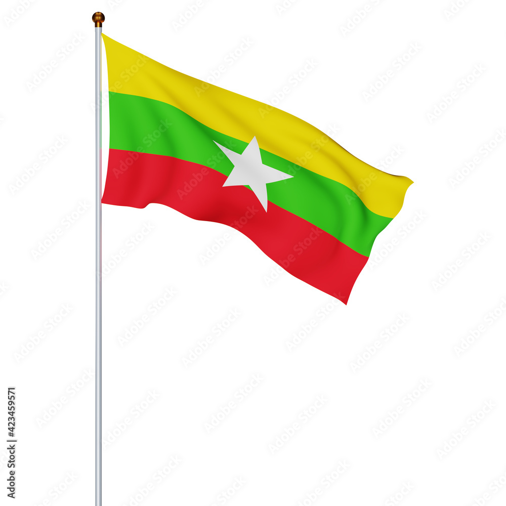 Waving myanmar flag or flag of burma on white background. Realistic flags of the world. 3D Rendering Waving myanmar flag or flag of burma on white background. Realistic flags of the world. 3D Rendering