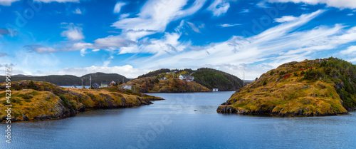 View of a small town on the Atlantic Ocean Coast. Colorful Blue Sky Art Render. Taken in Salt Harbour, Newfoundland and Labrador, Canada.
