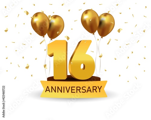 16 Anniversary gold numbers with golden confetti. Celebration anniversary event party template.