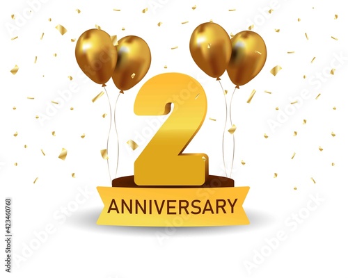 2 Anniversary gold numbers with golden confetti. Celebration anniversary event party template.