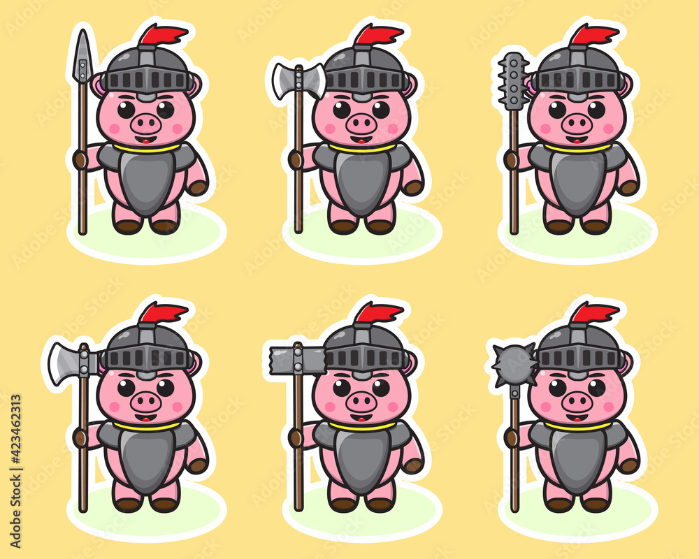 Vector illustration of cute Pig Knight cartoon with big weapon. Cute Pig expression character design bundle. Good for icon, logo, label, sticker, clipart. Vector illustration of cute Pig Knight cartoon with big weapon. Cute Pig expression character design bundle. Good for icon, logo, label, sticker, clipart.