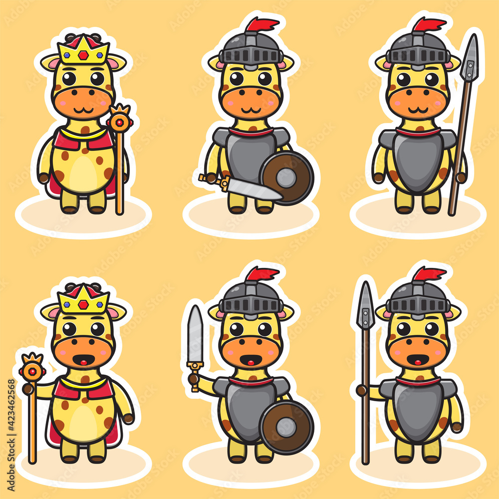 Vector illustration of cute Giraffe King and Knight cartoon. Cute Giraffe expression character design bundle. Good for icon, logo, label, sticker, clipart. Vector illustration of cute Giraffe King and Knight cartoon. Cute Giraffe expression character design bundle. Good for icon, logo, label, sticker, clipart.