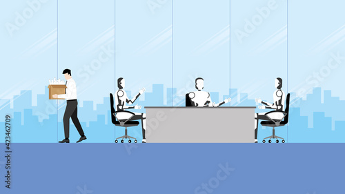 Technology in the future business concept of artificial intelligence mechanism robot replace and turnover human. Working without people and fired employee man. Unemployment human for a job in future.