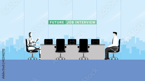 Business concepts of technology and unemployment people for a job in the future. Job interviews and applications recruit by an artificial intelligence mechanism as an interviewer instead of a human.