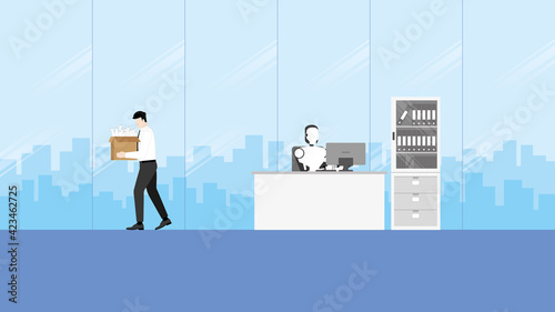 Robot replaces and turnover human. Artificial intelligence mechanism working without people and fired employee man. Business concepts of technology and unemployment human for a job in the future.