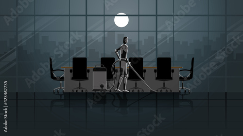Robot replace human. Artificial intelligence mechanism clean and work in the office meeting room for 24 hours in the dark and full moonlight without people. unemployment human for a job in the future.