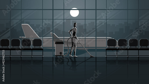Robots replace humans. Artificial intelligence mechanisms clean and work in the airport terminal for 24 hours in the dark and full moonlight without people. unemployment human for a job in the future.