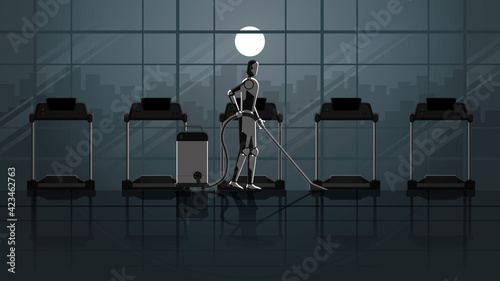Robots replace humans. Artificial intelligence mechanism clean and work in fitness center treadmill for 24 hours in dark and full moonlight without people. unemployment human for a job in the future.