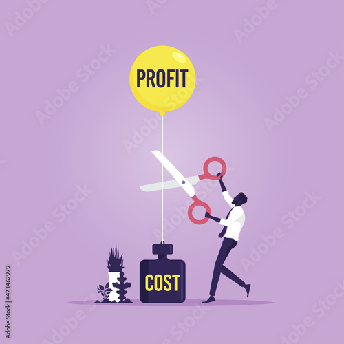 Profits and costs concept. Business financial concept vector, Businessman cutting Profits balloon and costs weight with scissors