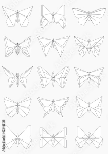 Thin line butterfly icons, Set of origami butterflies, Vector illustration