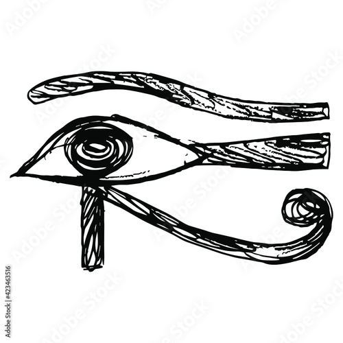 Eye Wadjet. Ancient Egyptian sacred symbol of god Horus or goddess Maat. Hand drawn linear doodle rough sketch. 
Black silhouette on white background.