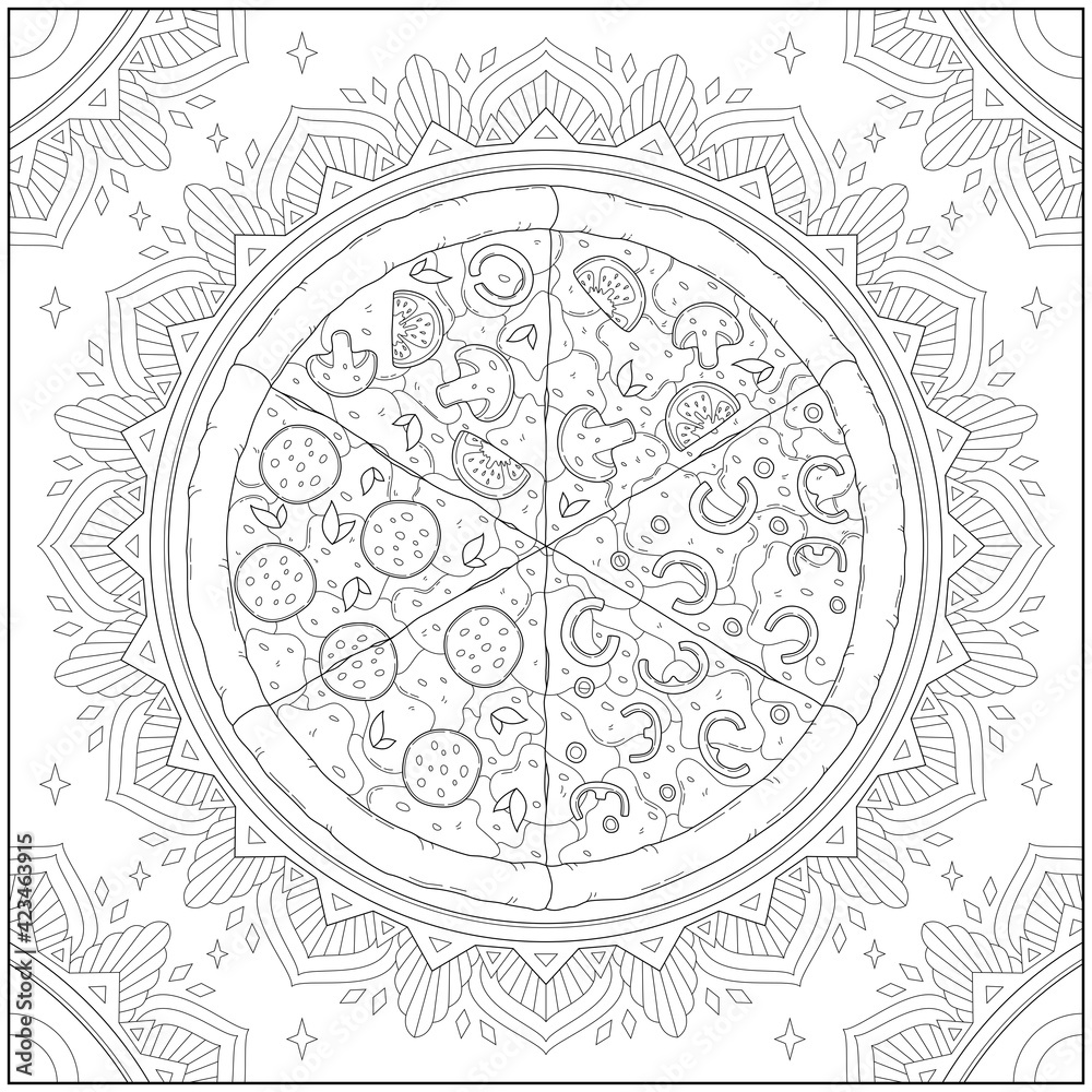 Delicious cheese pizza with circle mandala border in harmony and synergy. Learning and education coloring page illustration for adults and children. Outline style, black and white drawing Delicious cheese pizza with circle mandala border in harmony and synergy. Learning and education coloring page illustration for adults and children. Outline style, black and white drawing