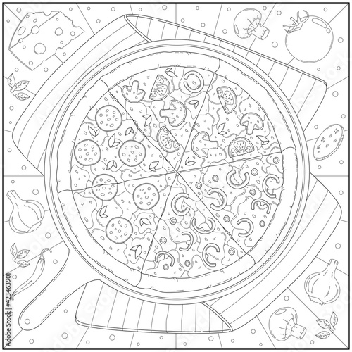Delicious pepperoni cheese pizza and ingredient in the pan. Learning and education coloring page illustration for adults and children. Outline style, black and white drawing