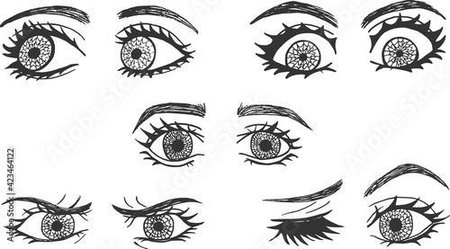 Collection of hand drawn cartoon eyes with eyebrows and full lashes. Vector format. Isolated. Set of 5 pairs of eyes. Wink, big, angry or focused, surprised eyes. Looking to the front and to the side