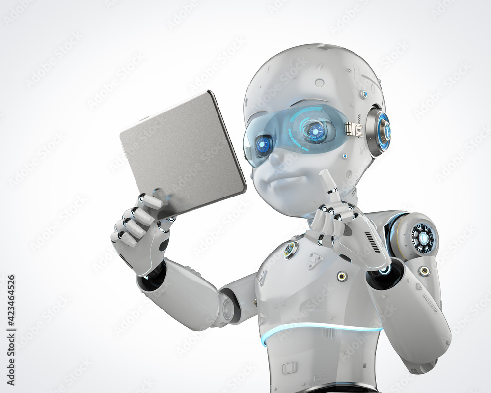 cute robot with digital tablet cute robot with digital tablet