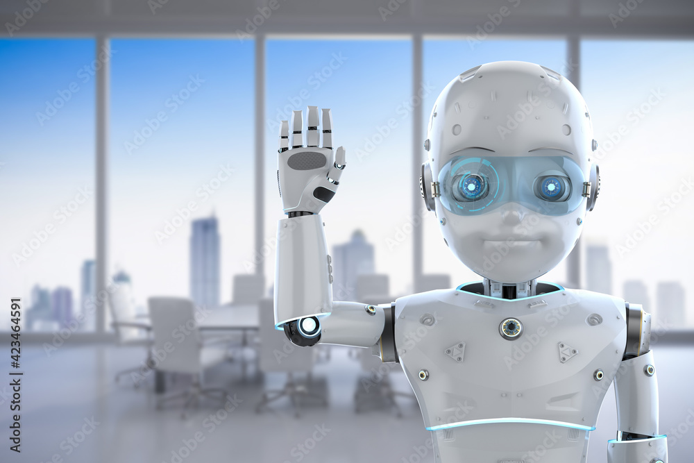 Cute robot with cartoon character greeting Cute robot with cartoon character greeting
