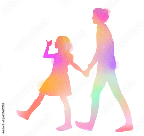 Two children, siblings walking together silhouette plus abstract watercolor painting. Double exposure illustration. Digital art painting.