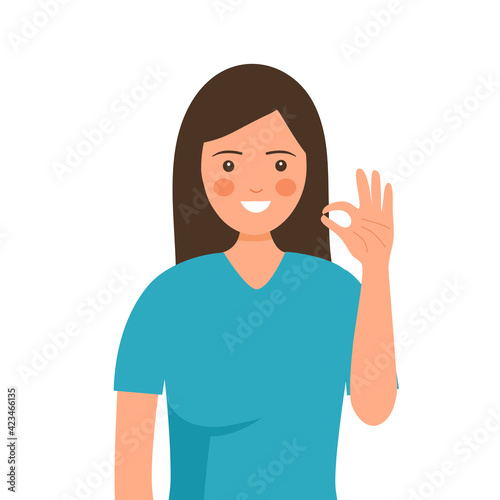 Smiling young woman with ok hand gesture in flat design on white background. Positive thinking concept.