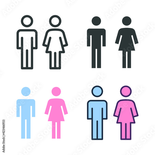 male and female icon, toilet, woman, people logo, different style. Bathroom and restroom sign. Symbols of man and women. Partner gender logo. Vector illustration design on white background. EPS 10