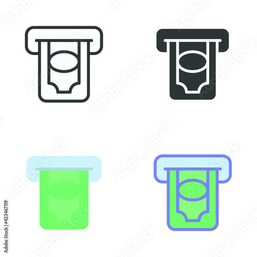 Money from atm icon, deposit, isolated different style outline solid flat style. Insert cash credit card. Shopping sign symbol. Bank card slot. Vector illustration. design on white background. EPS 10