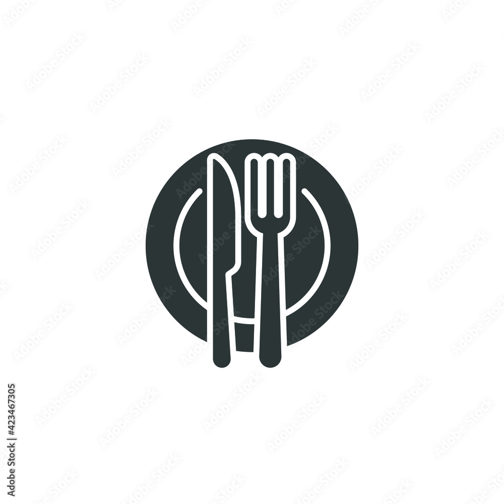 Plate and knife with a fork icon, dinner, meal, eat cutlery, solid style. Restaurant dish in dining table set. Tableware, silverware serving logo Vector illustration design on white background. EPS 10 Plate and knife with a fork icon, dinner, meal, eat cutlery, solid style. Restaurant dish in dining table set. Tableware, silverware serving logo Vector illustration design on white background. EPS 10