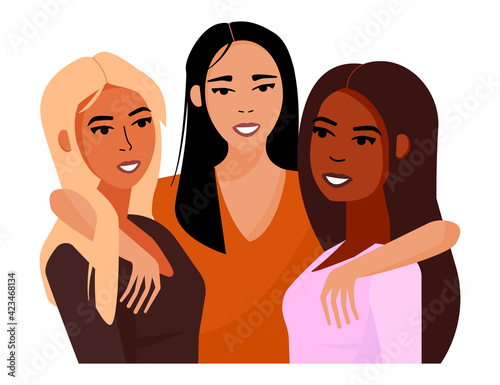 Multi-ethnic beauty girl friends. Women of different nationalities and cultures, African, Asian, Chinese, European, Latin American, Arab. Concept on the theme of racism.