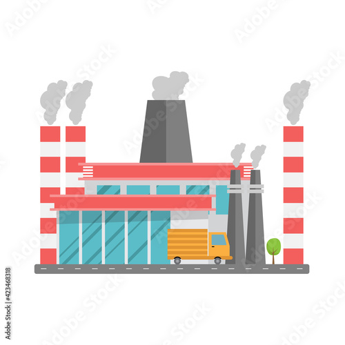 Industrial factory building in flat style. Factory full of pollution. Vector illustration.
