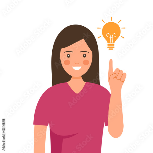 Woman show hand gesture of a great idea in flat design on white background. Thinking female with lightbulb. Creative idea.
