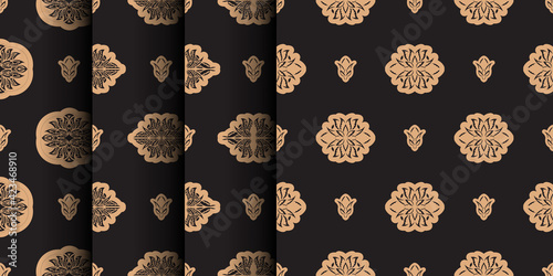 Set of Dark solid color Seamless pattern with lotuses in Simple style. Good for backgrounds and prints. Vector